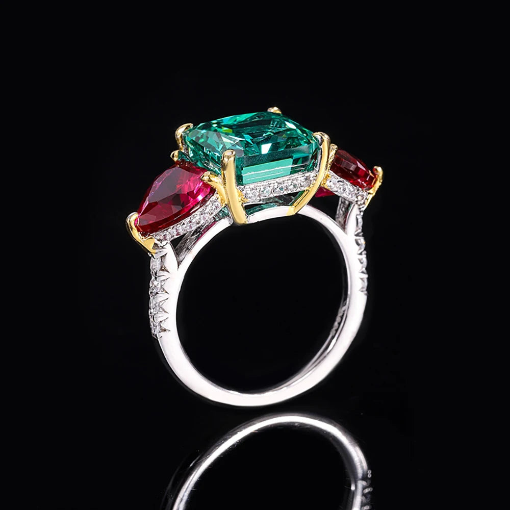 Retro 100% 925 Sterling Silver 10*10mm Green Tourmaline Ruby Lab Diamond Rings for Women Gemstone Wedding Party Fine Jewel Gift