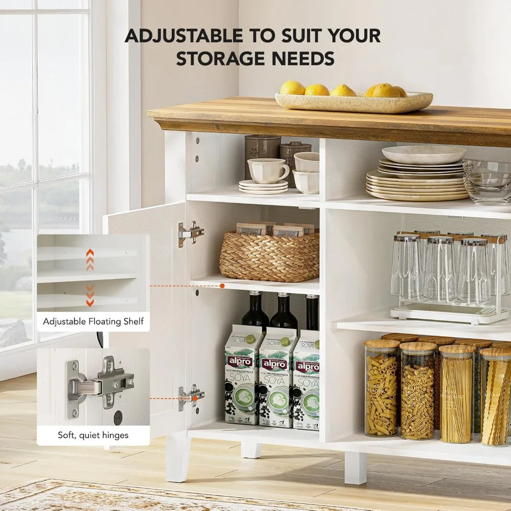 Amada Buffet Cabinet with Storage, 55" Large Sideboard Storage Cabinet with Adjustable Shelves, 4 Doors, Modern Farmhouse Coffee
