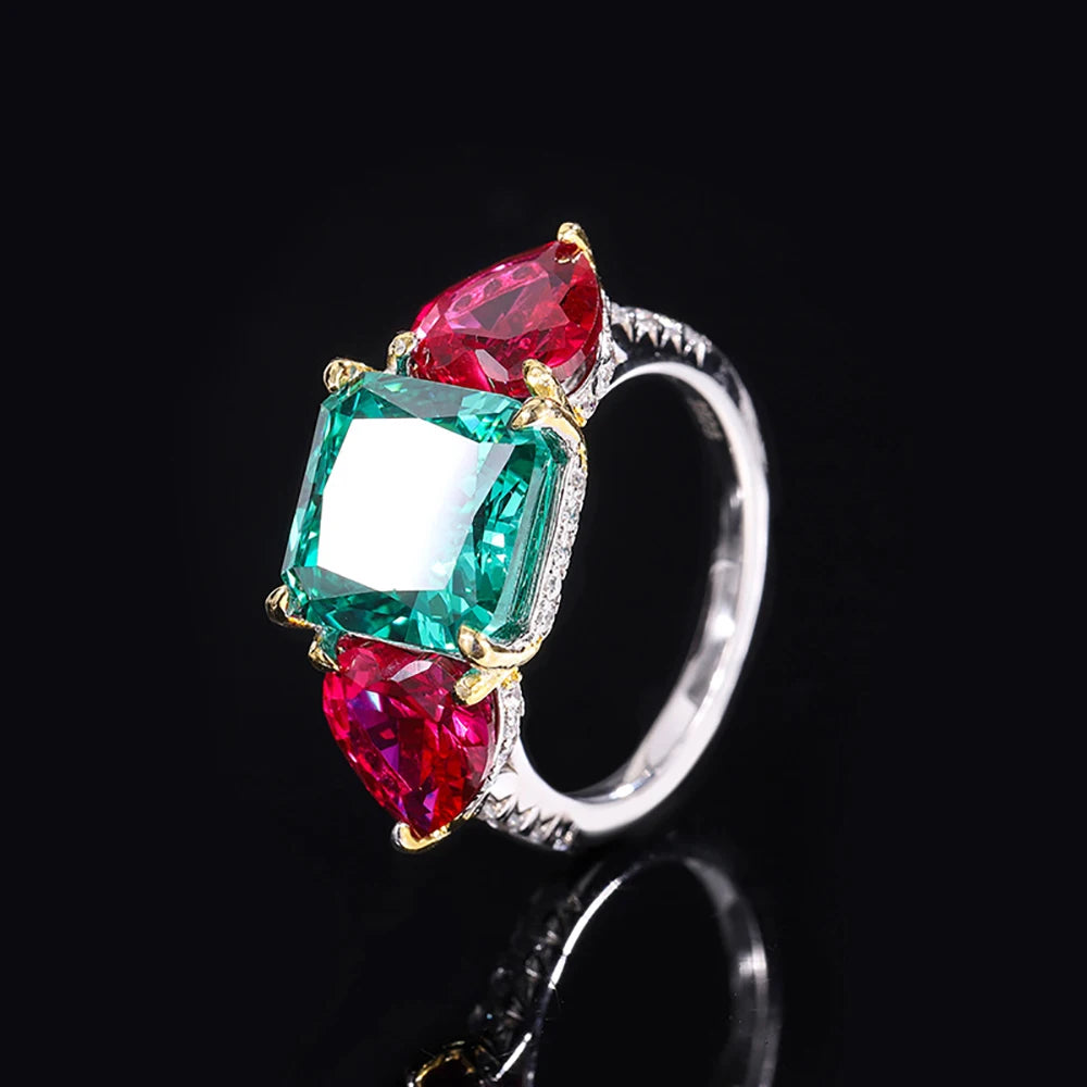 Retro 100% 925 Sterling Silver 10*10mm Green Tourmaline Ruby Lab Diamond Rings for Women Gemstone Wedding Party Fine Jewel Gift