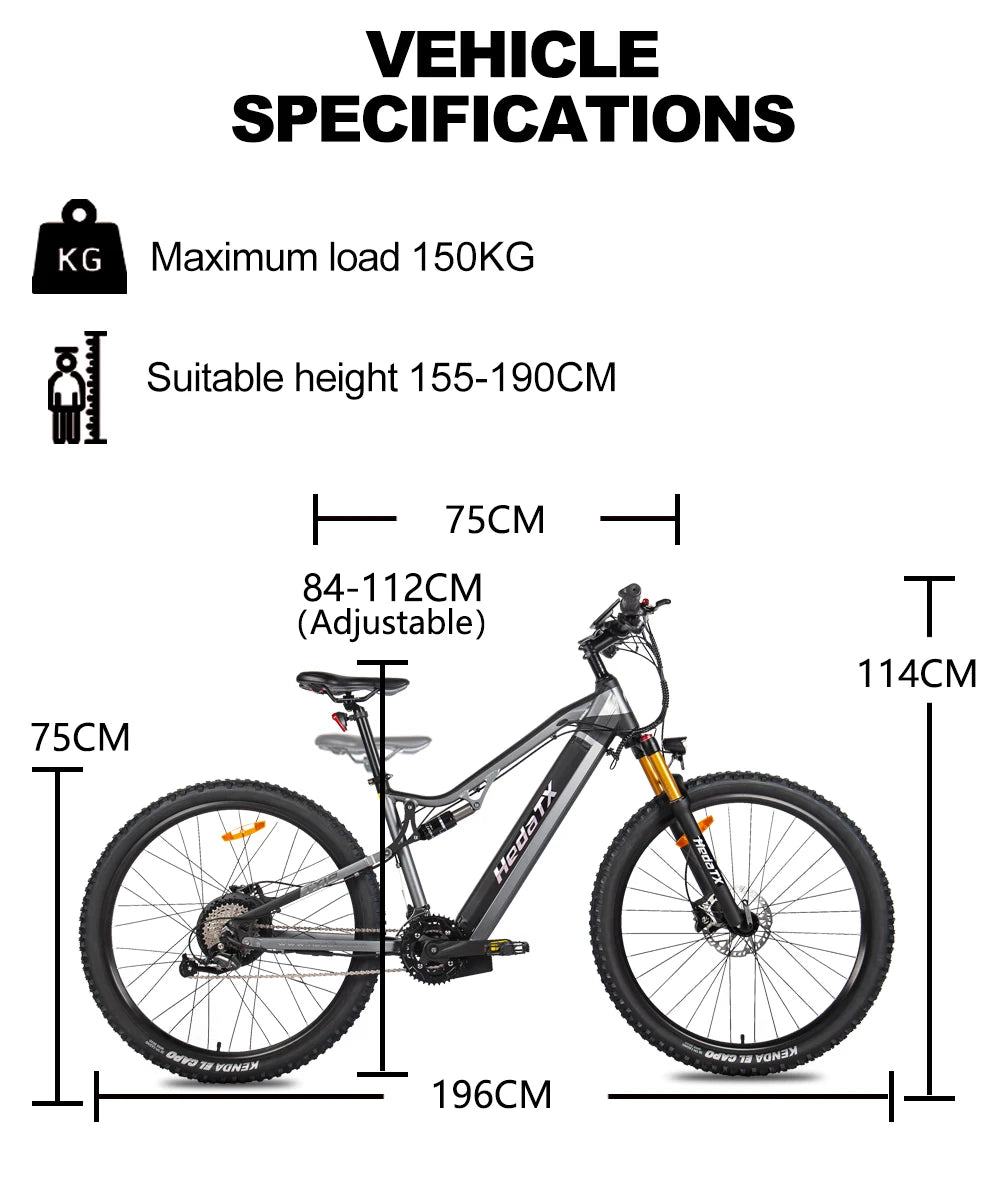 EU 2025 New Heda-TX19 29Inch Speed sensor Electric Bicycle 1000W 48V19.2AH Hydraulic Brake Ebike with Full Suspension 27 Speed