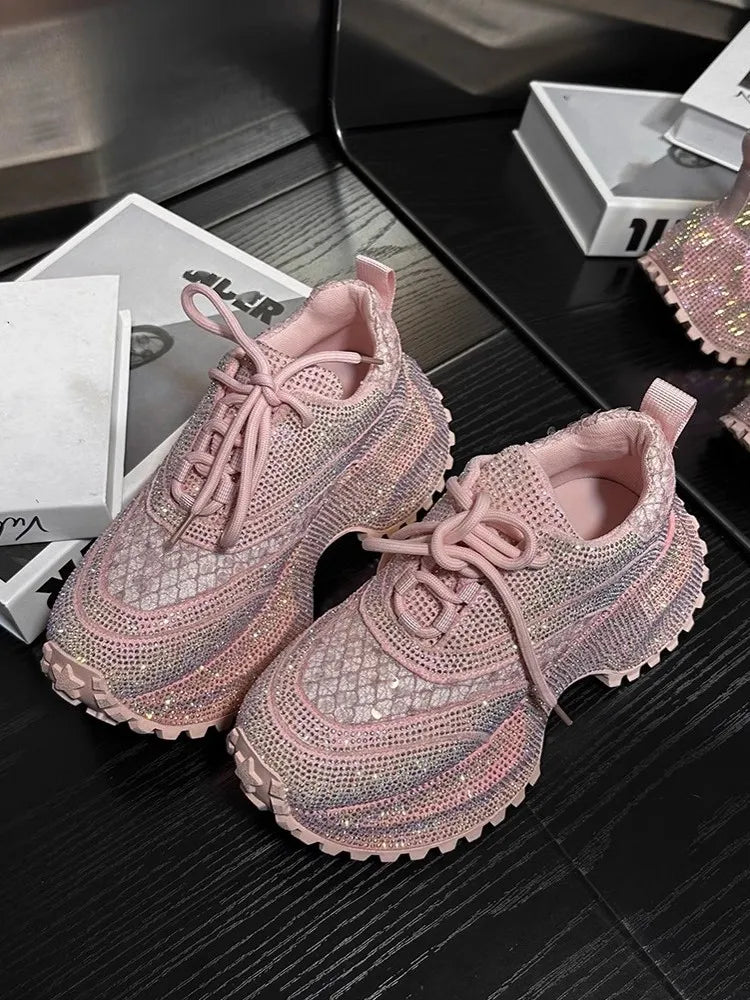 Ladies Summer Breathable Shiny Diamonds Inner Thick Soled Running Shoes Lace Up Outdoor Training Sneakers Jogging Sports Shoes