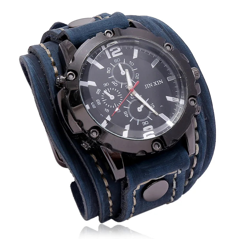 Mens Quartz Watches Luxury Wristwatch 2024 Cowhide Watchband Punk Style Watch for Men Wide Genuine Leather Bracelets