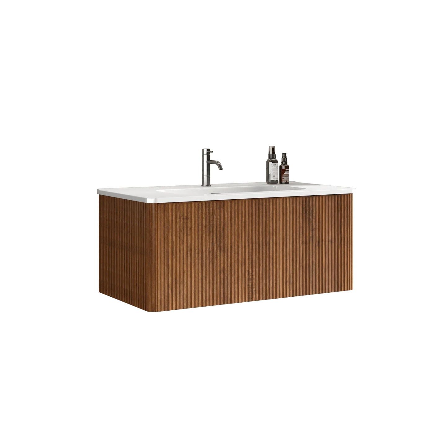 Modern Striped Walnut Floating Bathroom Vanity with Wall Mounted White Ceramic Sink and One-Piece White Basin Drain Faucet