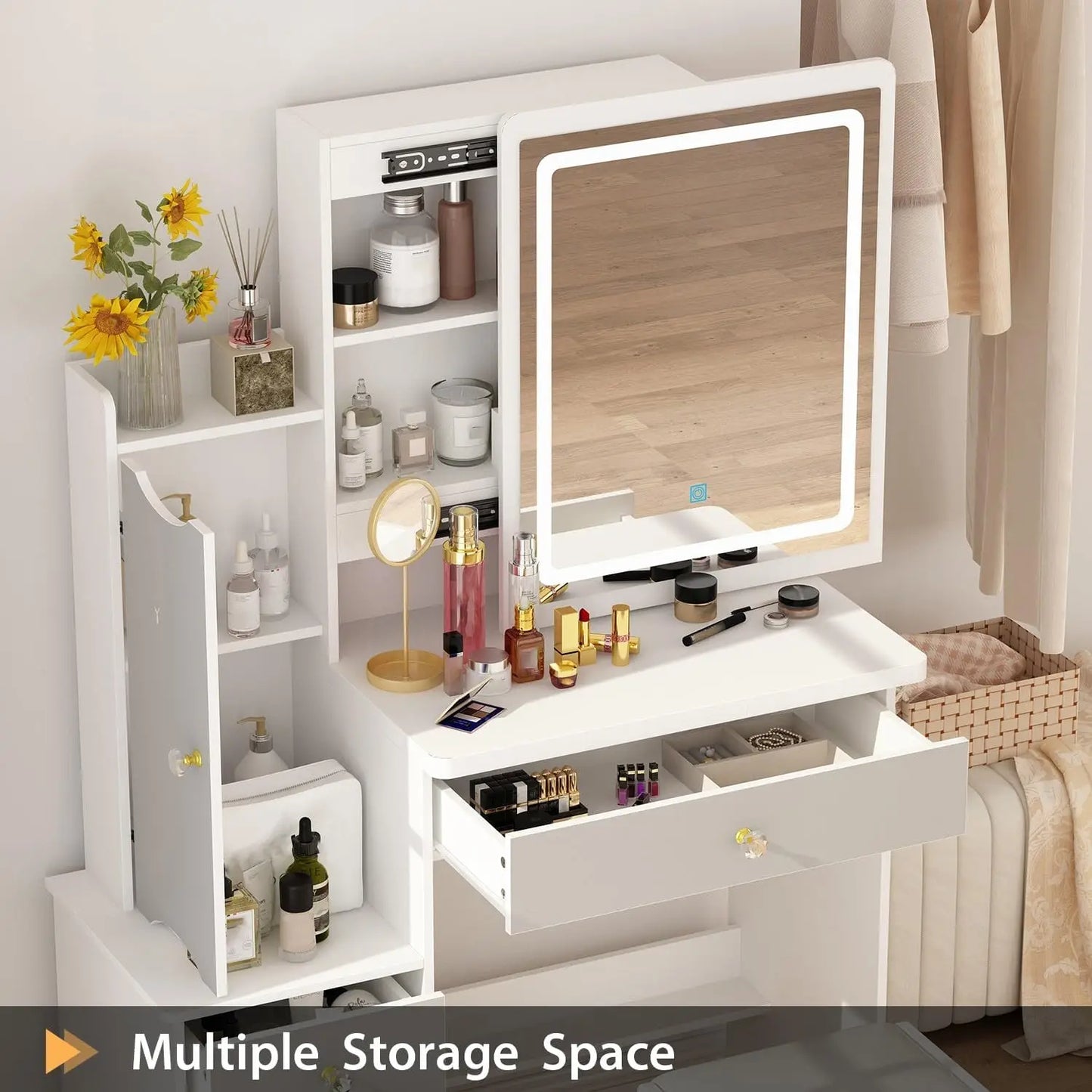 Vanity Desk with Mirror and Lights, Vanity Makeup Desk with Sliding Lighted Mirror, Vanity Mirror Makeup Desk with Cushion Stool