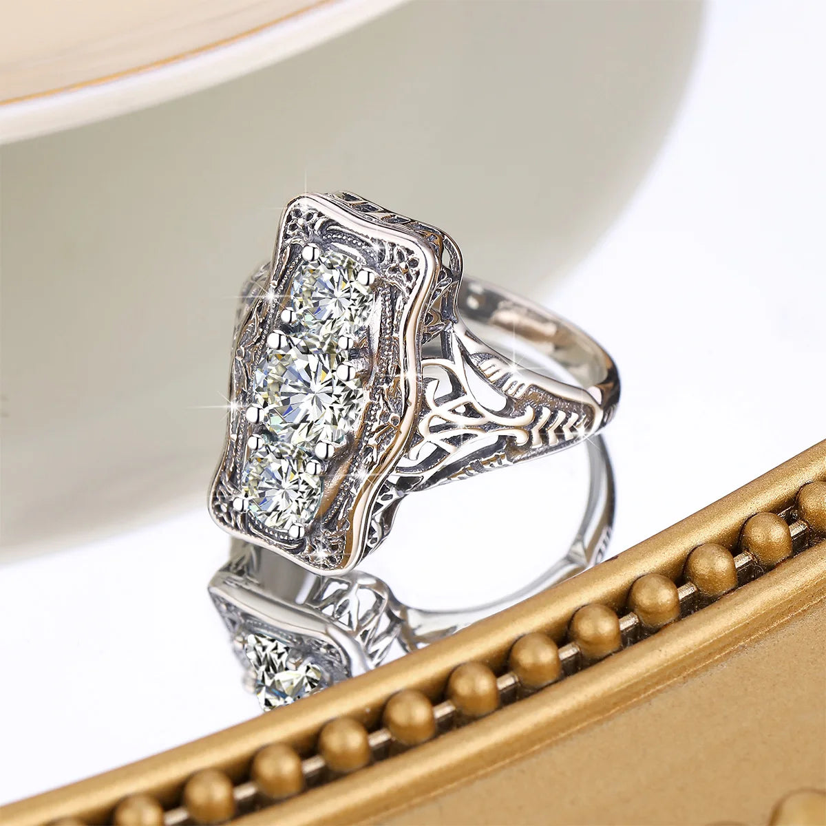 Szjinao Unique 3 Stone Moissanite Ring With Certficiate 100% Sterling Silver 925 Engagement Jewelry For Women Pass Diamond Test