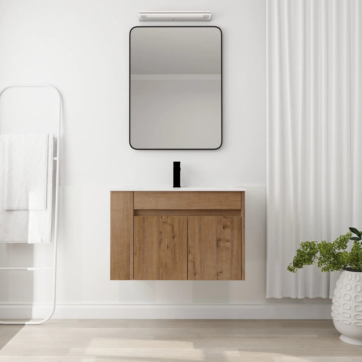 30-Inch Bathroom Vanity with Ceramic Basin and Adjustable Open Shelf