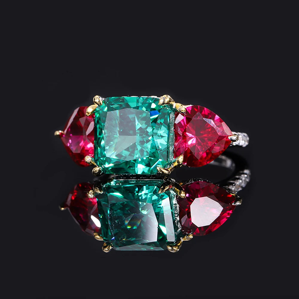 Retro 100% 925 Sterling Silver 10*10mm Green Tourmaline Ruby Lab Diamond Rings for Women Gemstone Wedding Party Fine Jewel Gift