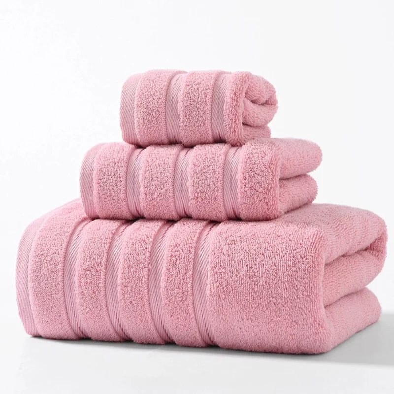 3pcs Towel Bundle Set,100%Cotton,Hand+Face+Bath Washcloth, Stripe Decor 70*140cm Home Hotel Solid White Grey Towels Gift
