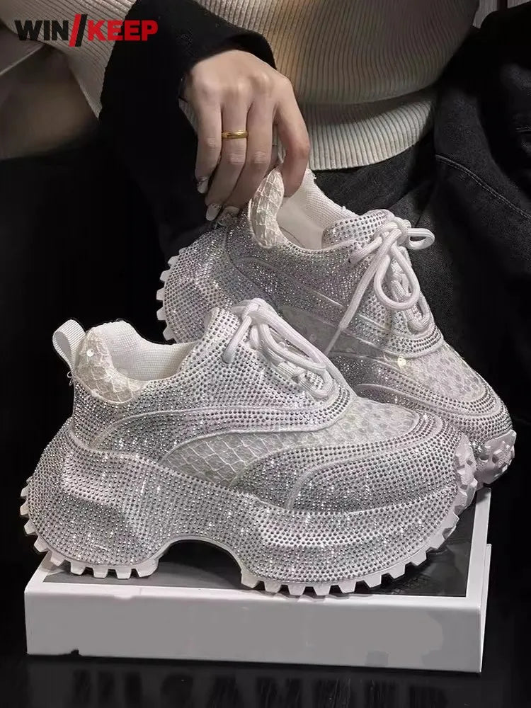 Ladies Summer Breathable Shiny Diamonds Inner Thick Soled Running Shoes Lace Up Outdoor Training Sneakers Jogging Sports Shoes