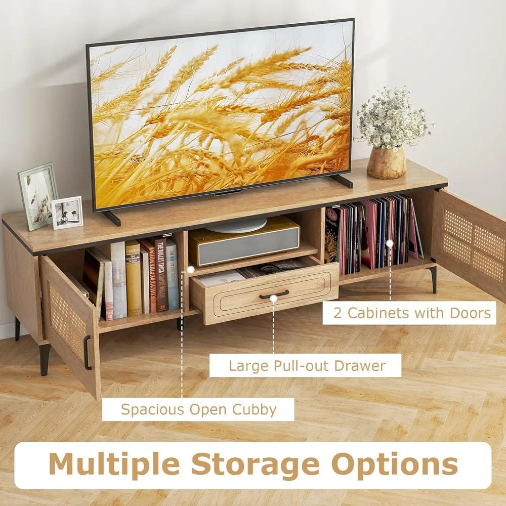 Boho TV Stand for 65 Inch TVs, Mid Century Modern Media Entertainment Center with Drawer, 2 Cabinets with Rattan Doors, Metal L