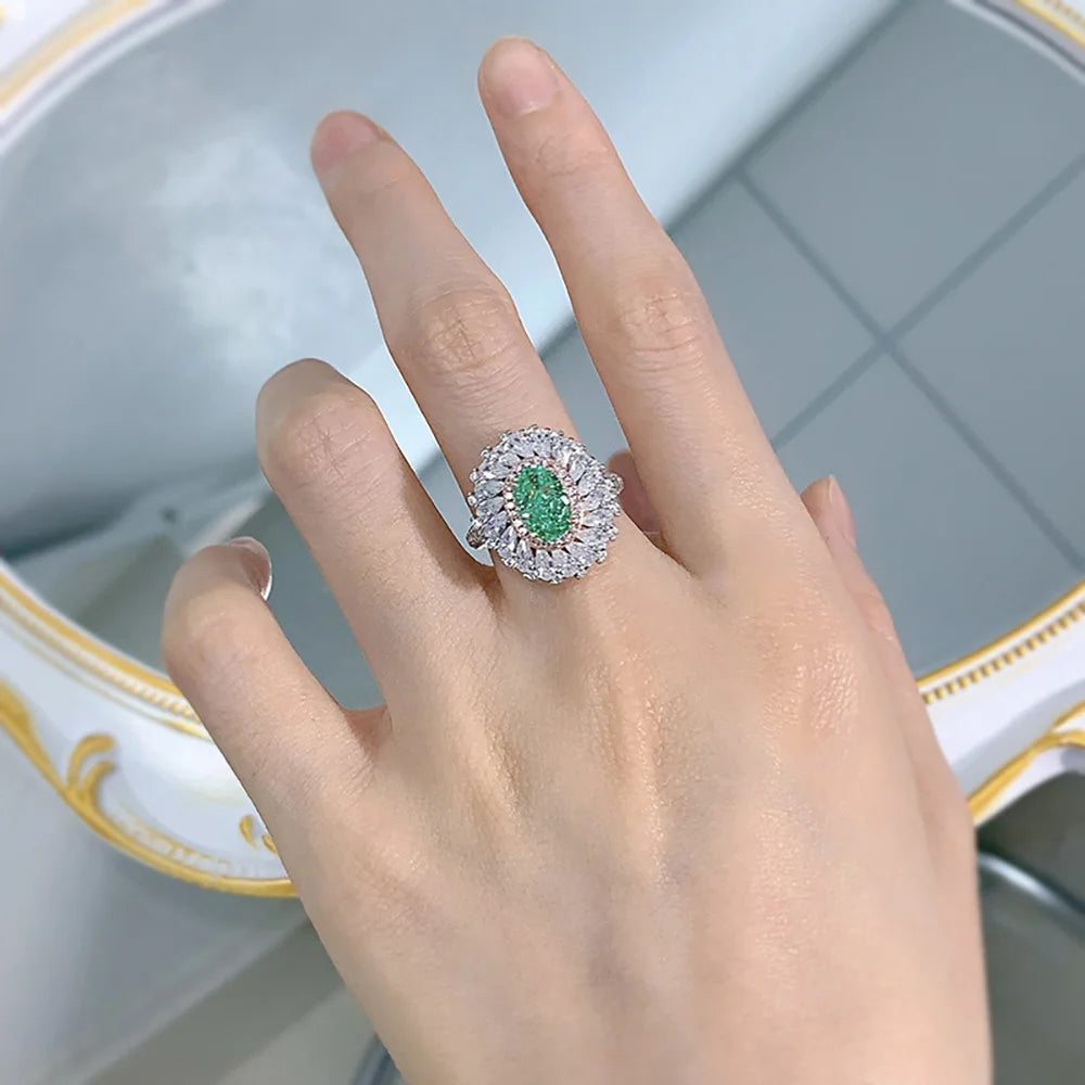 Charms 100% 925 Real Silver 6*9mm Light Green Tourmaline Rings for Women Gemstone Lab Diamond Wedding Party Fine Jewelry Gifts