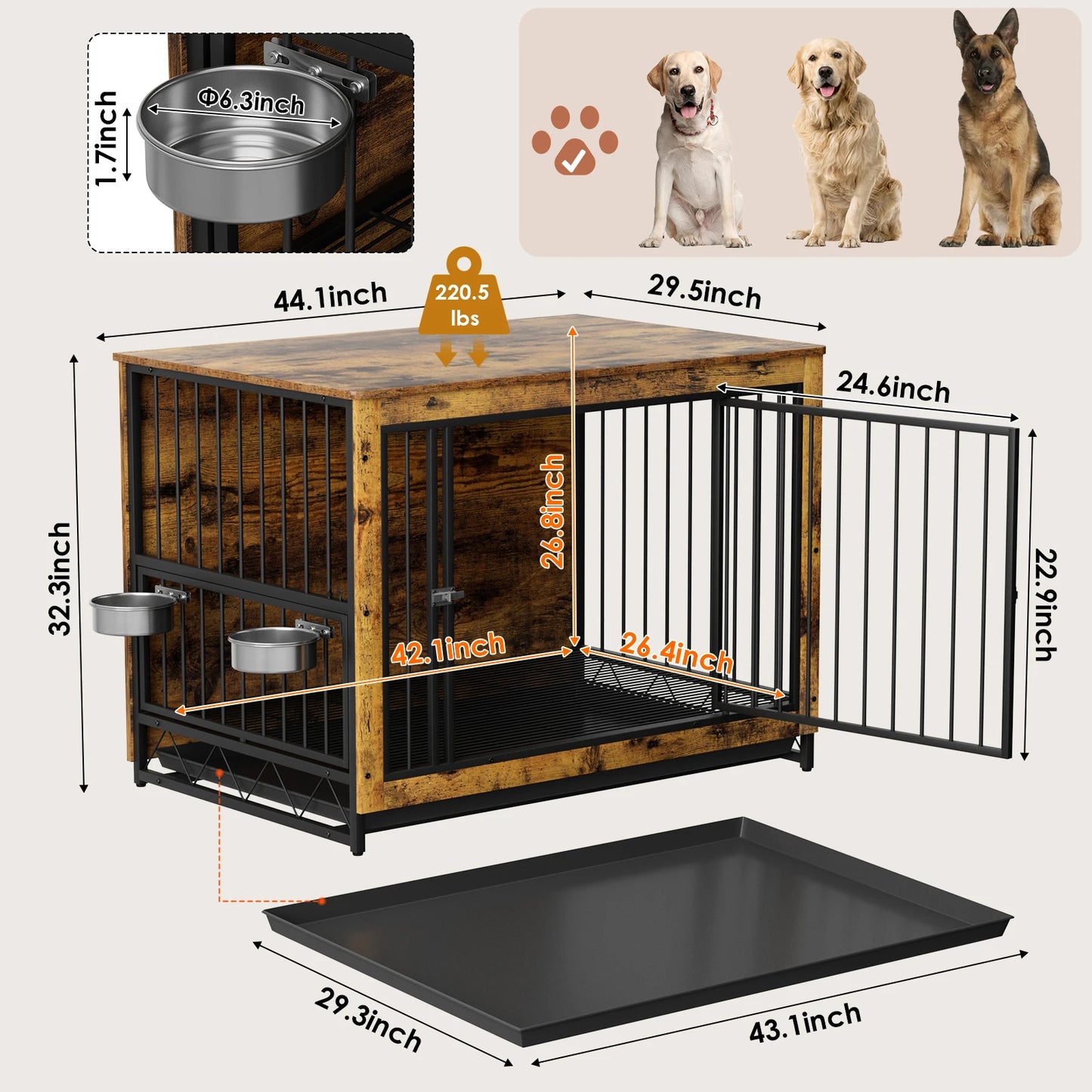 Furniture Style Dog Crate,Wooden Heavy Duty Dog Kennel with Adjustable Raised Feeder for Dogs 2 Stainless Steel Bowls Brown/Gray
