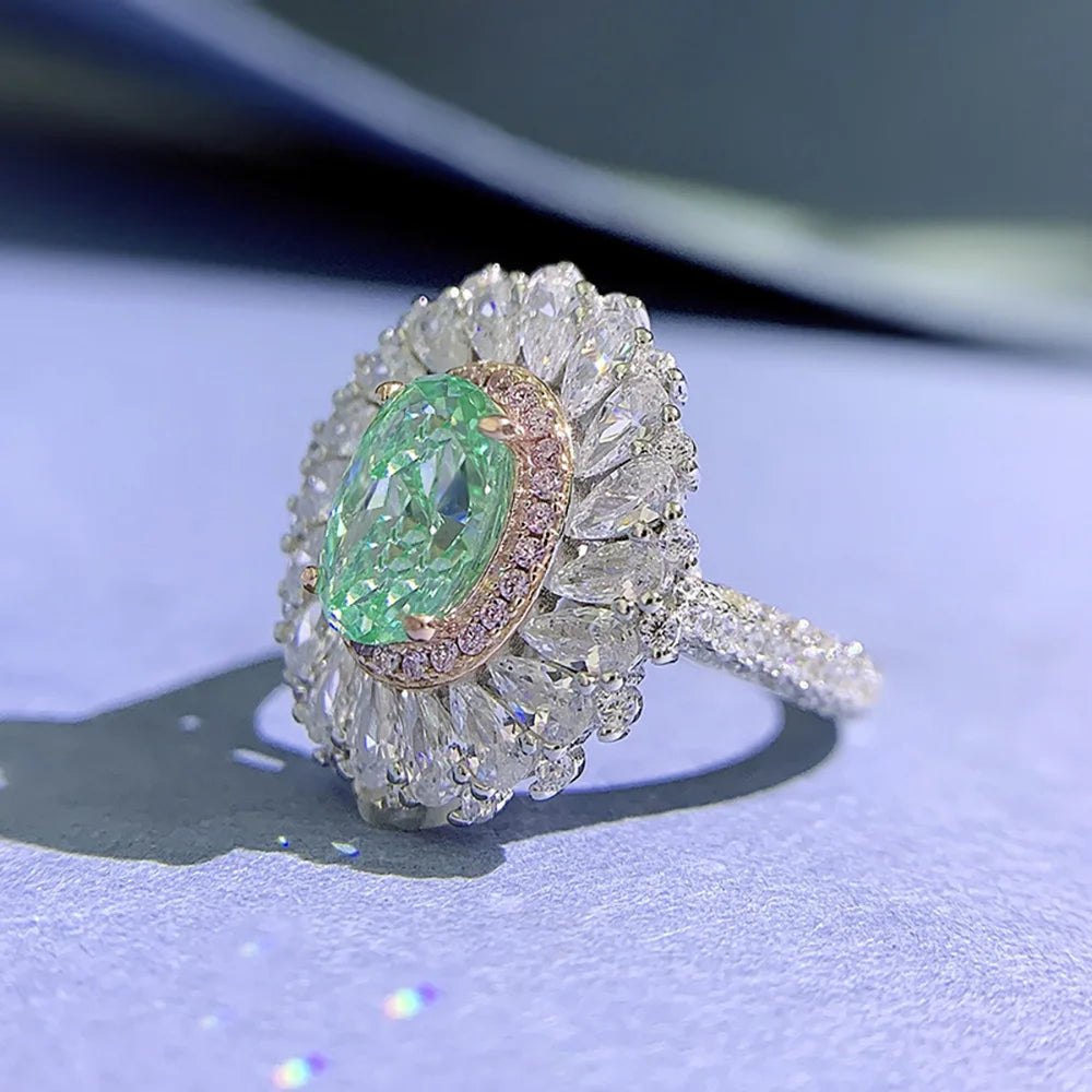Charms 100% 925 Real Silver 6*9mm Light Green Tourmaline Rings for Women Gemstone Lab Diamond Wedding Party Fine Jewelry Gifts