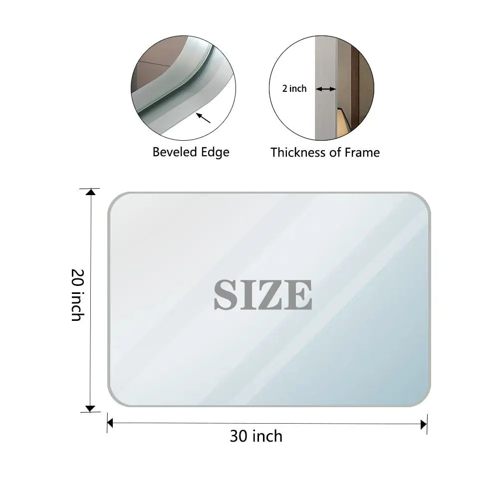 30x20inch Glossy Brushed Silver Rectangle Bathroom Mirror Wall Metal Frame Rounded Corner Deep Set Design Hangs Wall for