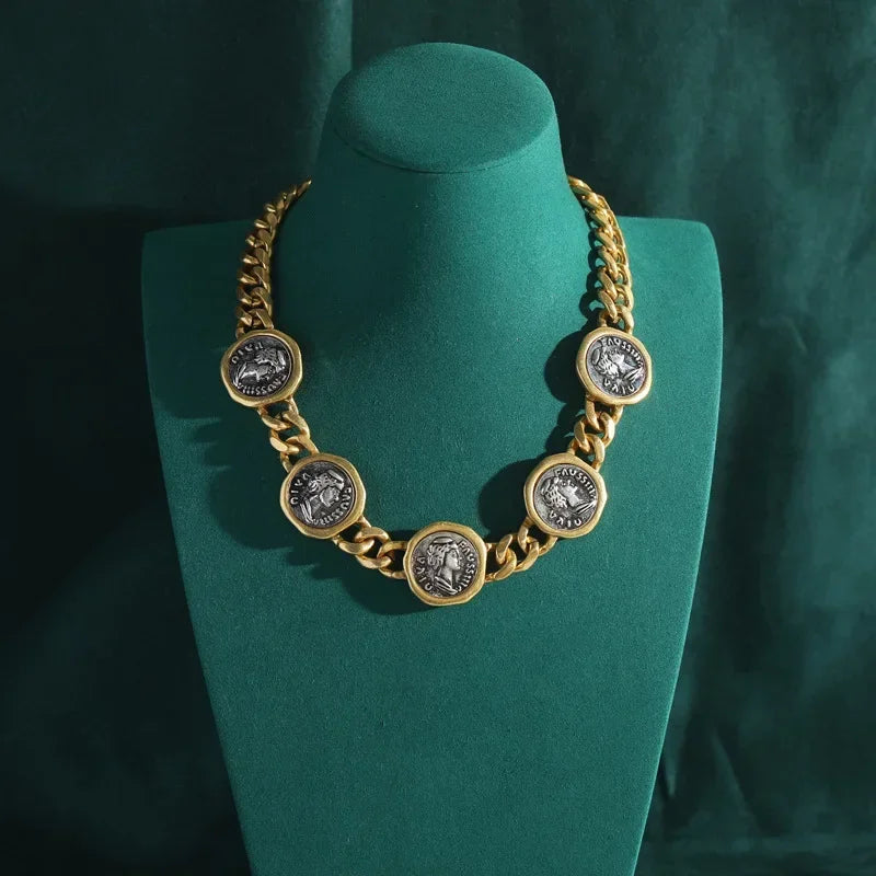 Vintage Personality Man Head Antique Coin Wide Chain Necklace for Women Aesthetic Jewellery Hip Hop Chunky Statement Chokers