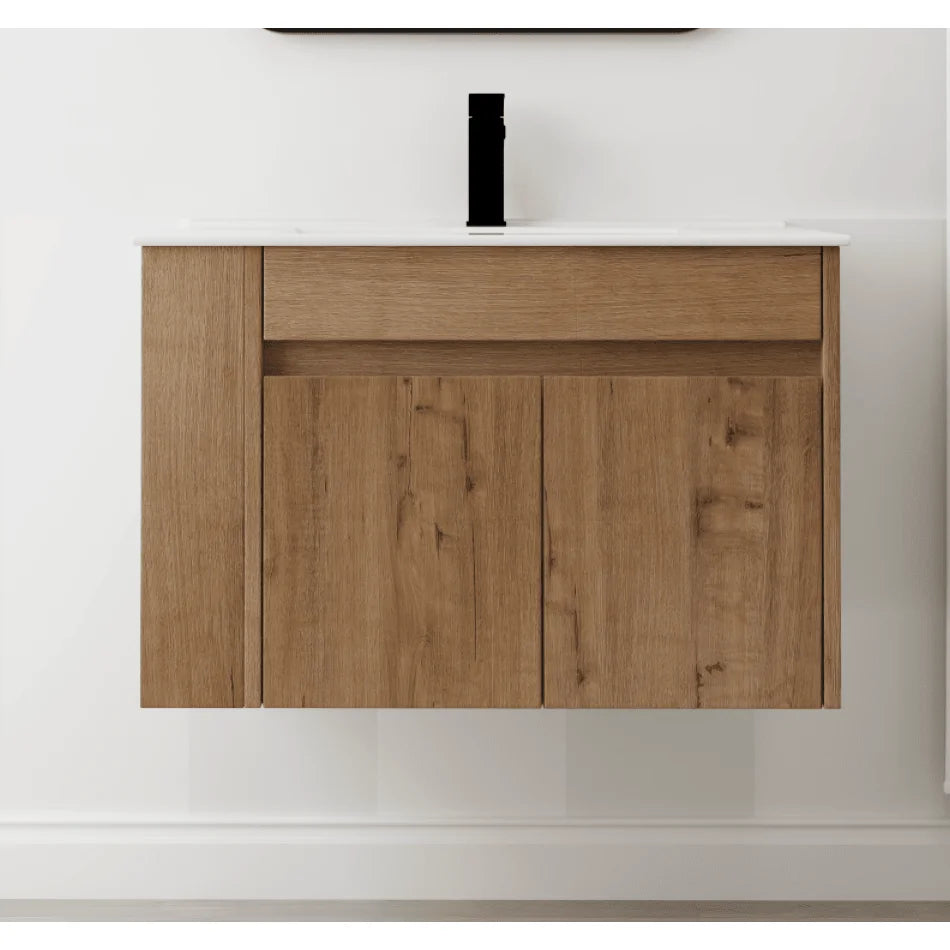 30-Inch Bathroom Vanity with Ceramic Basin and Adjustable Open Shelf