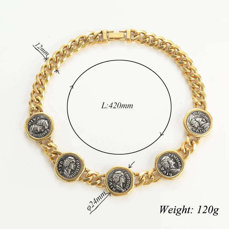 Vintage Personality Man Head Antique Coin Wide Chain Necklace for Women Aesthetic Jewellery Hip Hop Chunky Statement Chokers