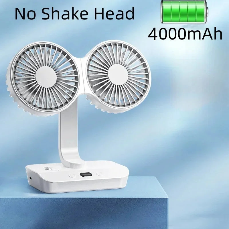New Double Head Desktop Fan 4-Gears Wind Fast Cooling Digital Display 8000mAh Household Adjustable Direction Shaking Head Fan