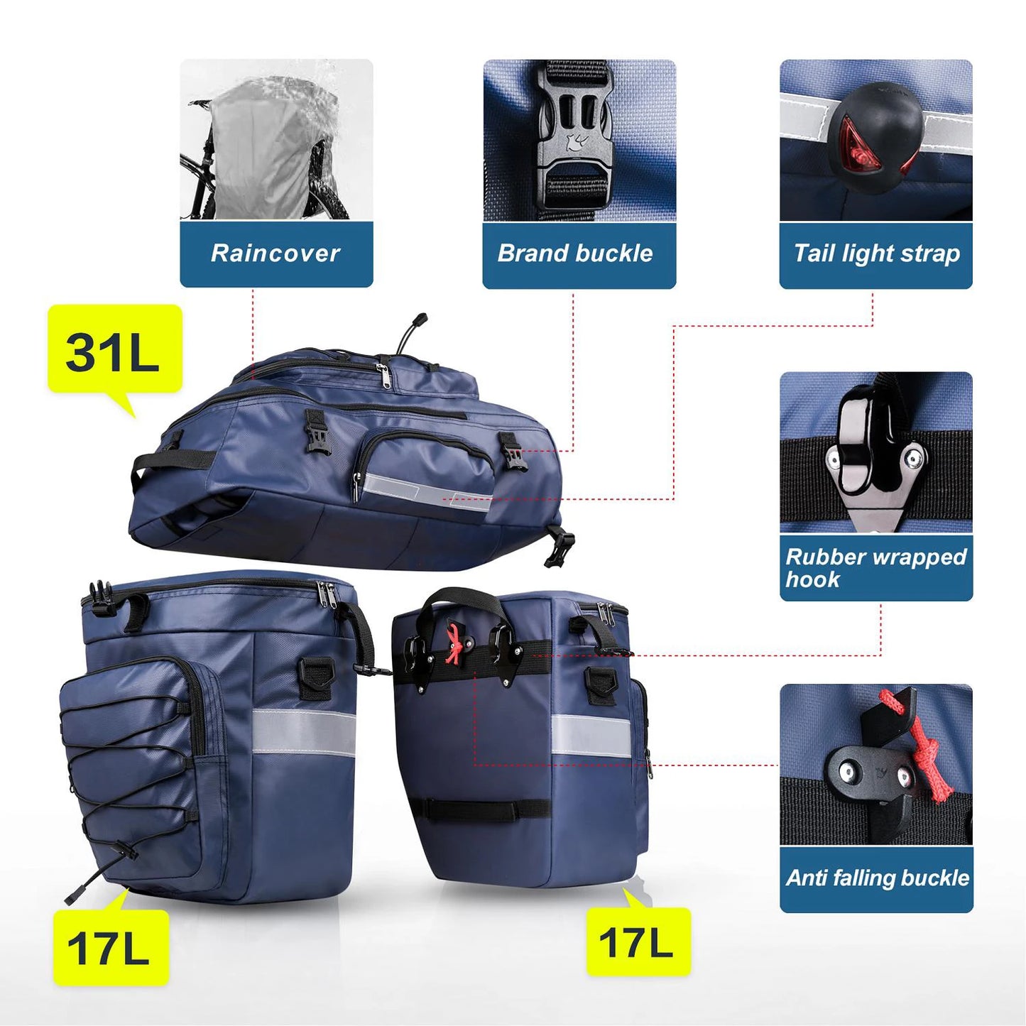 Rhinowalk 3 in1 Bike Pannier Bag 65L Large Capacity Bicycle Rear Rack Bag Waterproof Cycling MTB Double Side Luggage Backpack