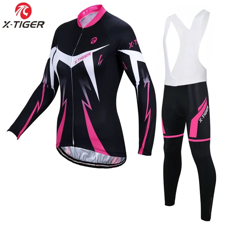 X-Tiger Women Winter Thermal Fleece Cycling Jersey Set Mountain Bike Uniform Long Sleeve Cycling Bicycle Clothing For Woman