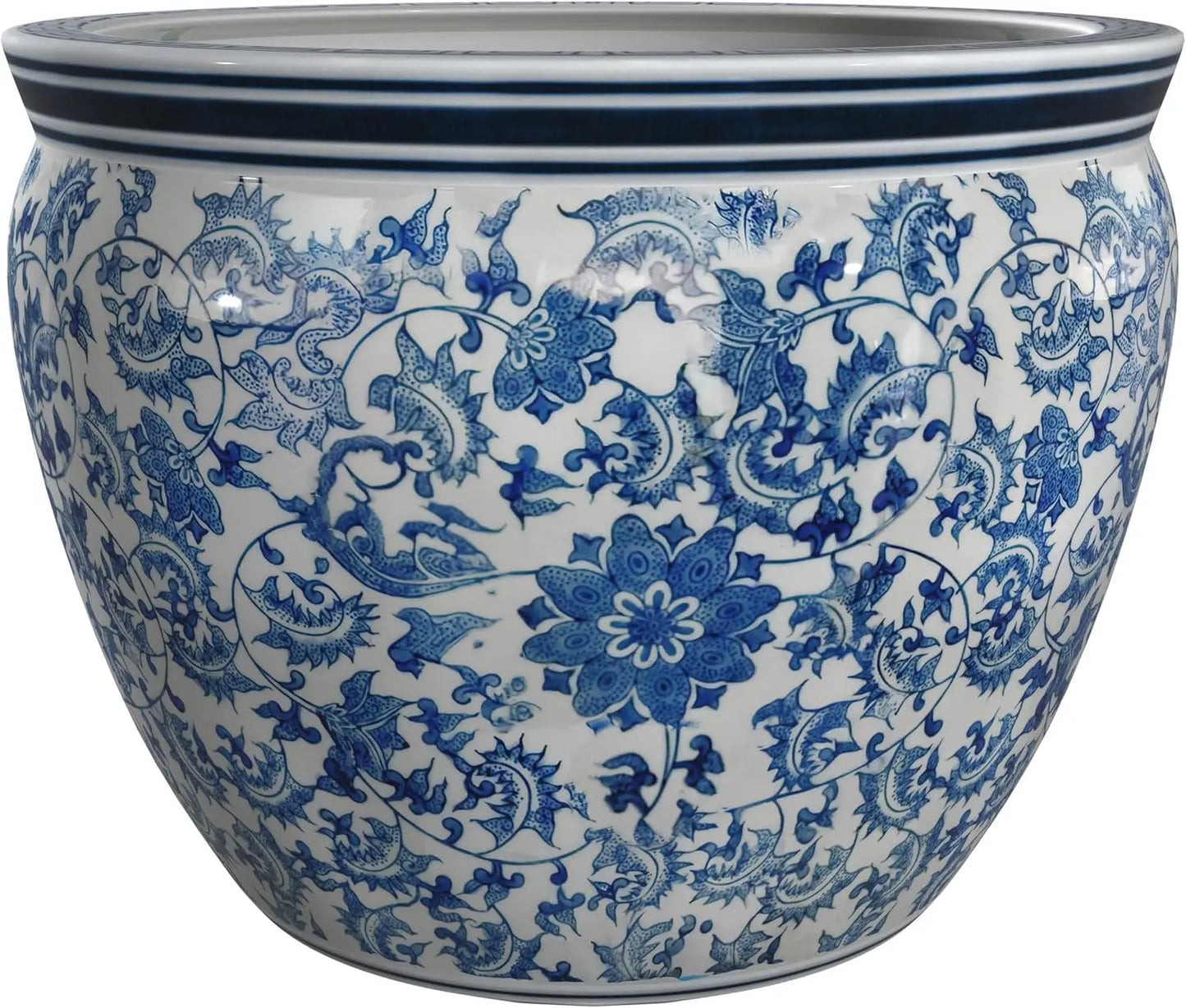 White Fishbowl-Size and Design 18" Diameter Floral Blue Classic Ming Blue and White Vine and Flower Decoration