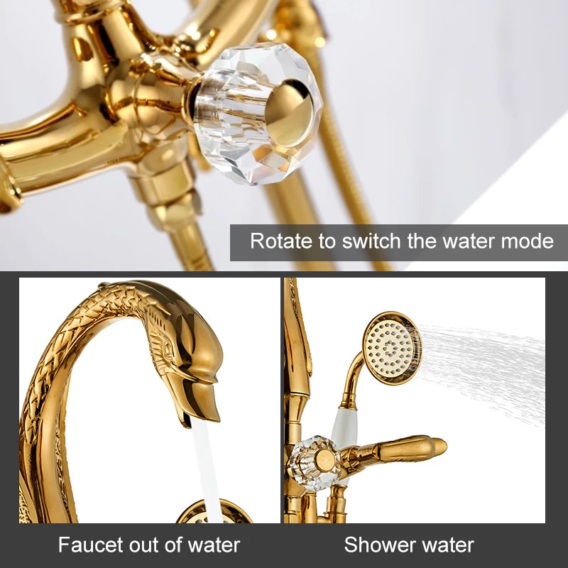 ELLEN Bath Floor Stand Faucets Gold Luxury Swan Bathtub Faucet Free Standing Bath Faucet Hot Cold with Hand Shower ELB727