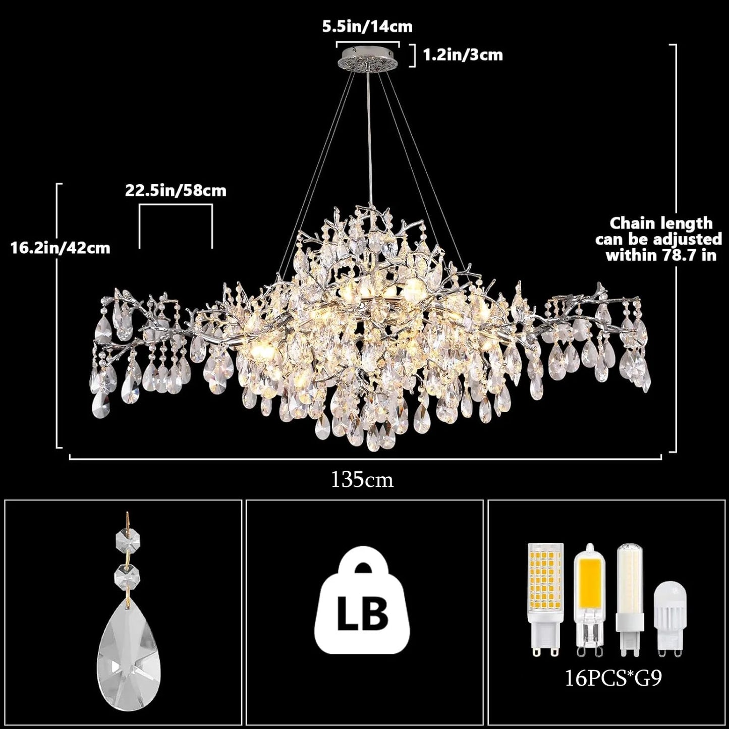 Luxury Modern Crystal Pendant Chandelier Hanging Living Room Lamp Dining Table Silver Branch Rectangular Chandeliers for Kitchen