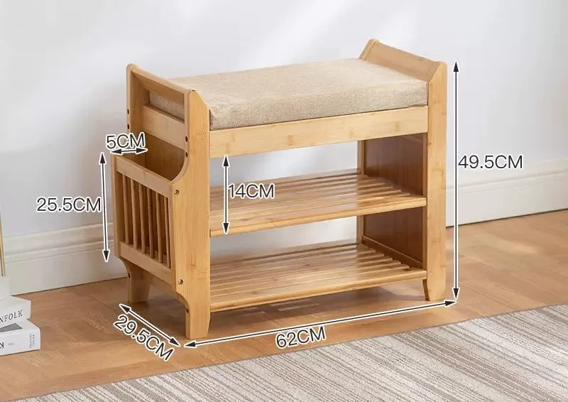 Natural Bamboo Shoe Storage Rack Bench with 2-Tier Cushion Seat Living Room Shoe Organizer Entryway Storage Hallway Furniture