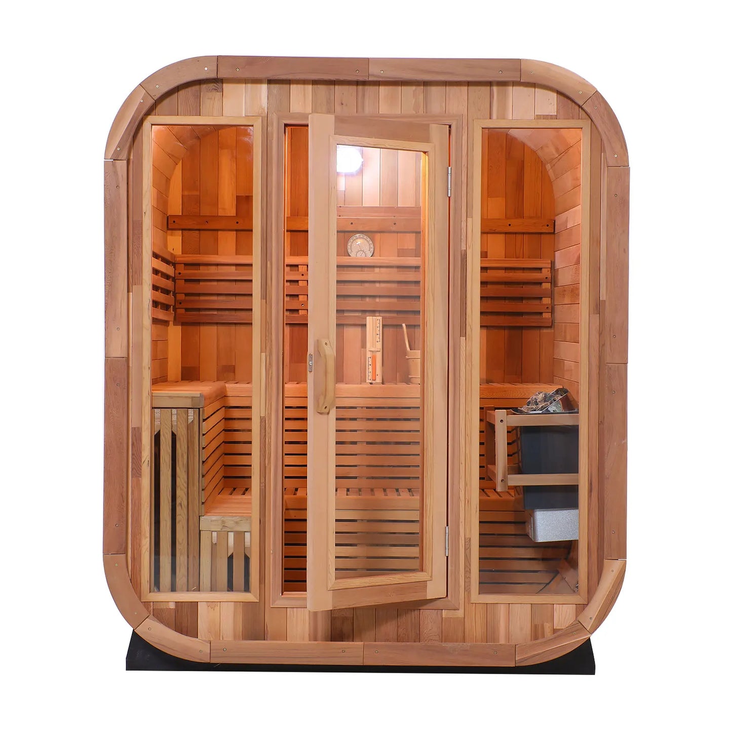 Best-Selling Outdoor 4 Person Cedar Steam Sauna Sliding Door Cube Traditional Wet Steam Sauna for Family Relaxation