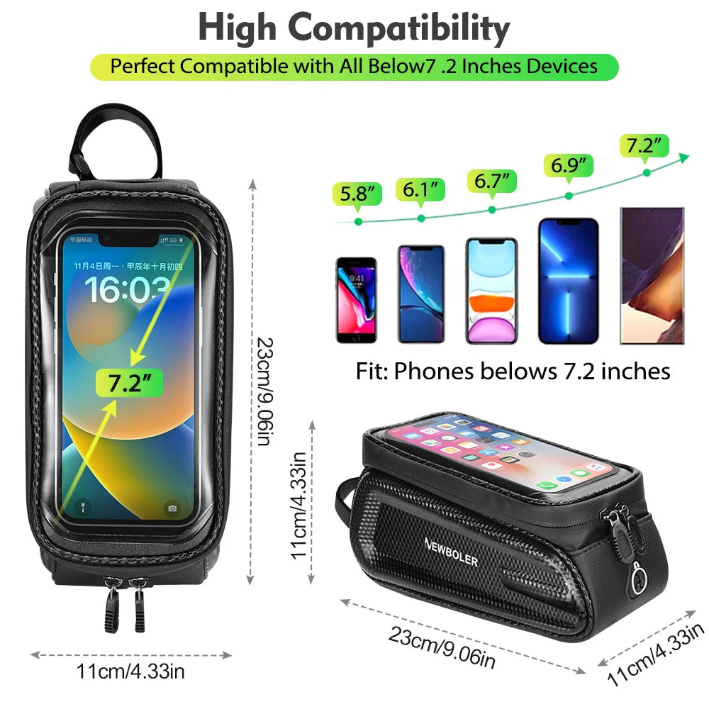 NEWBOLER Bike Bag 2L Frame Front Tube Cycling Bag Bicycle Waterproof Phone Case Holder 7.2Inches Touchscreen Bag Accessorie