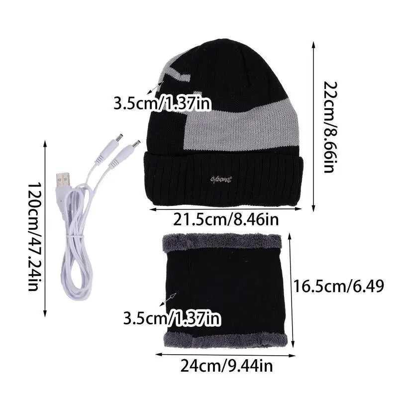 Heated Beanie Hat Winter Thermal Beanie USB Heated Hat Scarf Set Soft Warm Scarf Pom Knit Hat For Running Skiing Skating Cold