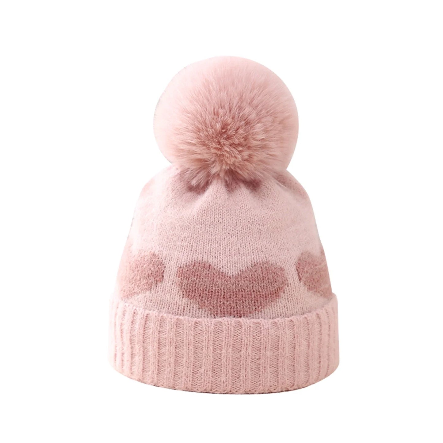 Lioraitiin Baby Girl Winter Hat Cute Heart Pattern Plush Pom Knit Beanie Warm Hospital Cap For Infant Cold Weather Accessories
