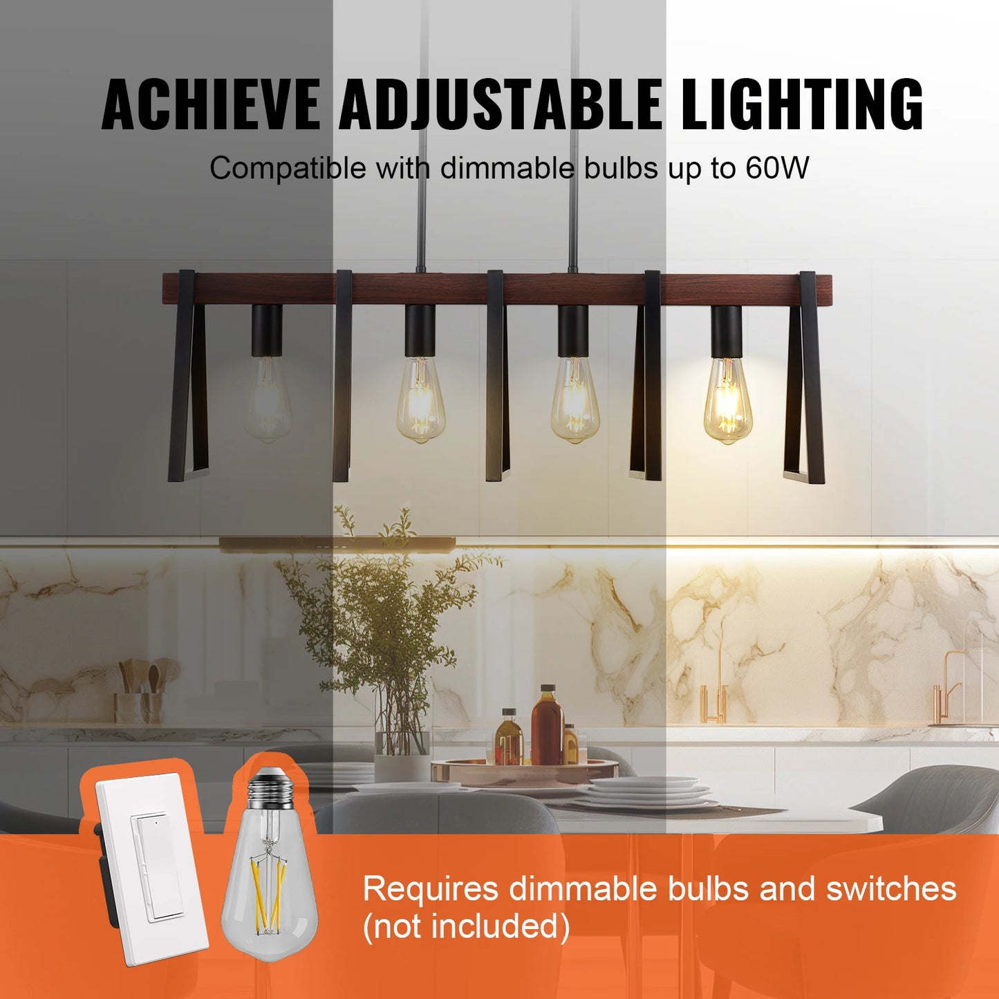 VEVOR 4-Light Kitchen Island Pendant Lights 60W with 2x6'' & 6x12'' Rods Industrial Metal Frame Farmhouse Linear Chandeliers