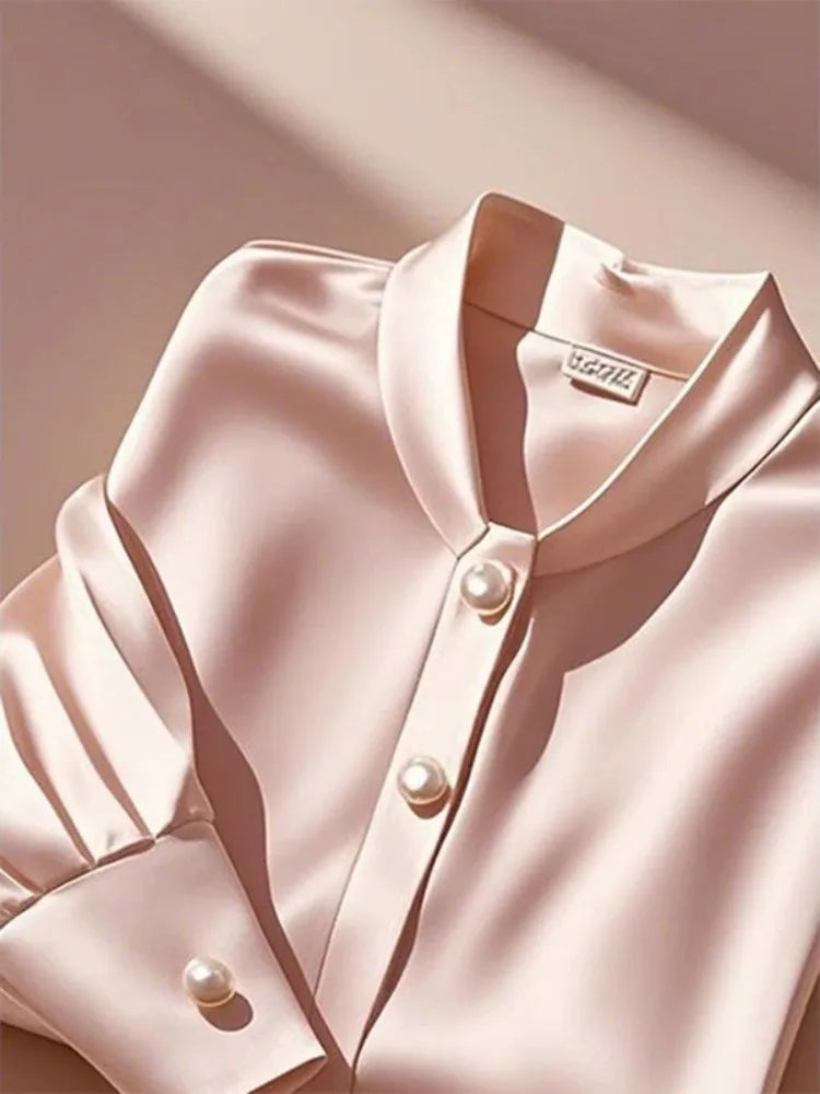 Elegant French Women's Pink Satin Shirt Turn-down Collar Long Sleeve Blouse Autumn/Winter for Women Casual Simple Office Lady