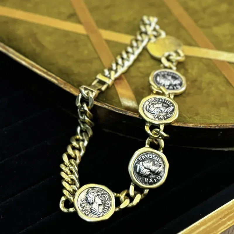 Vintage Personality Man Head Antique Coin Wide Chain Necklace for Women Aesthetic Jewellery Hip Hop Chunky Statement Chokers
