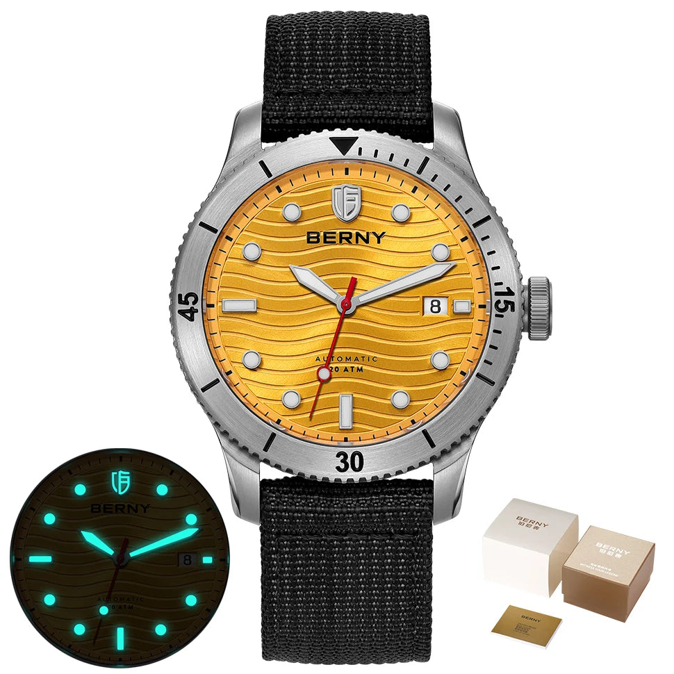 BERNY Automatic Diving Wristwatch for Men PT5000 Movement 20ATM Waterproof Luminous Sapphire Mechanical Sport Divers Watch Men