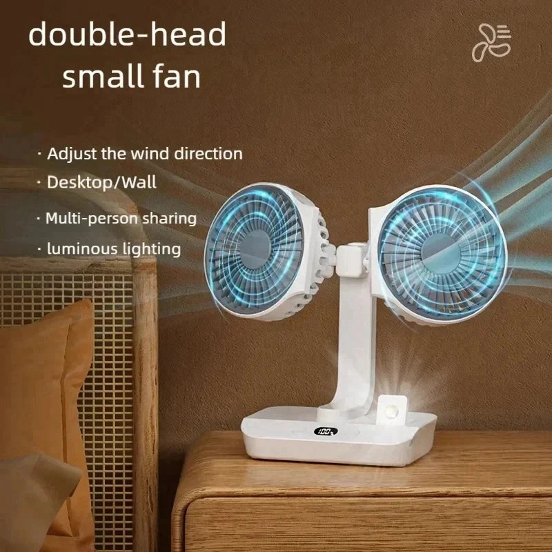 New Double Head Desktop Fan 4-Gears Wind Fast Cooling Digital Display 8000mAh Household Adjustable Direction Shaking Head Fan