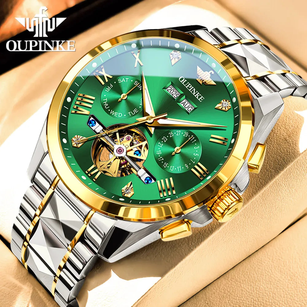 OUPINKE 3240 Skeleton Flywheel Multifunctional Automatic Mechanical Watches for Men 44mm Large Dial Tungsten Steel Luxury Watch