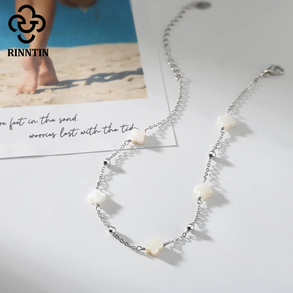 Rinntin Four Leaf Clover Anklet Bracelet for Women Delicate Style 925 Silver Thin Chains On Leg Summer Beach Accessories GMA01