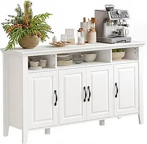 Amada Buffet Cabinet with Storage, 55" Large Sideboard Storage Cabinet with Adjustable Shelves, 4 Doors, Modern Farmhouse Coffee