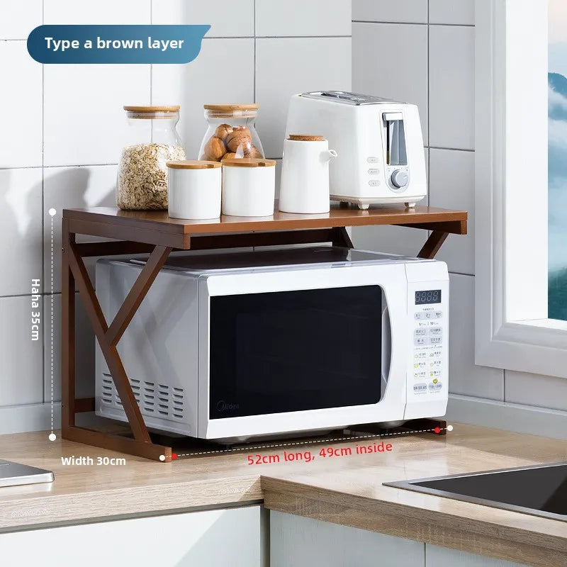 Kitchen Shelf Countertop Double Microwave Oven Shelf Desktop Seasoning Oven Storage Rack Bamboo Solid Wood