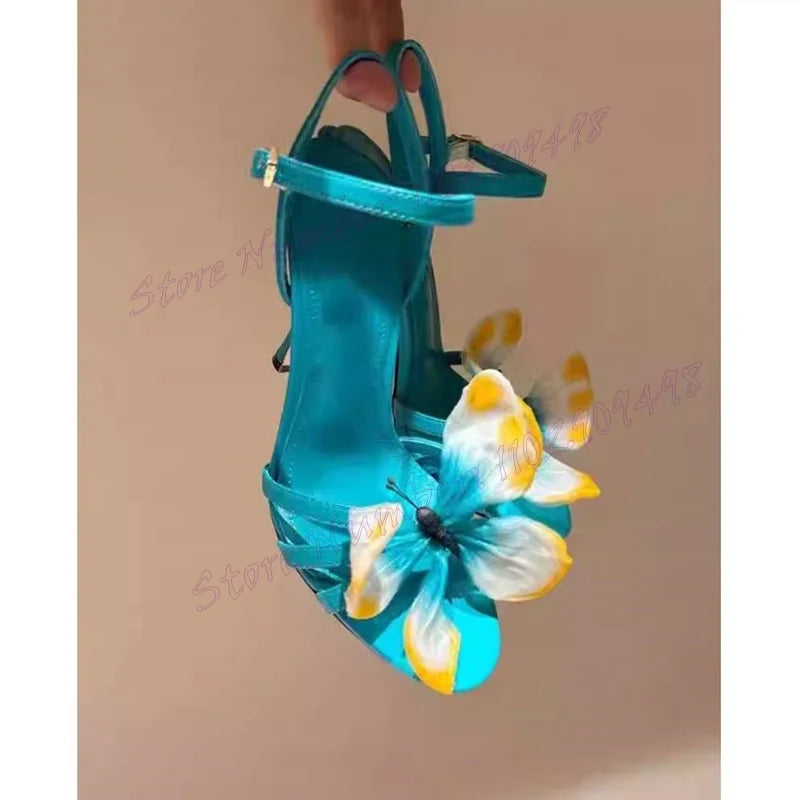 Blue Flower Decor Ankle Buckle Sandals Open Toe Shoes for Women Stilettos High Heels Evening Shoes 2024 Zapatos Para Mujere