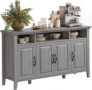 Amada Buffet Cabinet with Storage, 55" Large Sideboard Storage Cabinet with Adjustable Shelves, 4 Doors, Modern Farmhouse Coffee