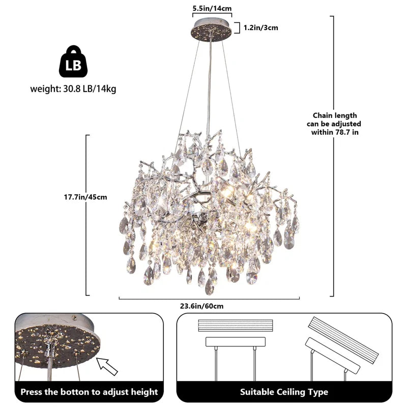 Luxury Modern Crystal Pendant Chandelier Hanging Living Room Lamp Dining Table Silver Branch Rectangular Chandeliers for Kitchen