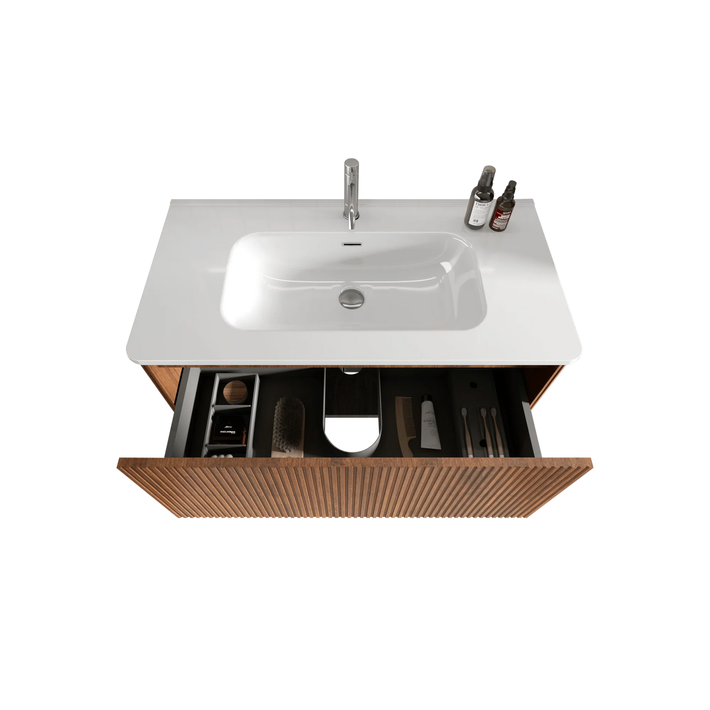 Modern Striped Walnut Floating Bathroom Vanity with Wall Mounted White Ceramic Sink and One-Piece White Basin Drain Faucet