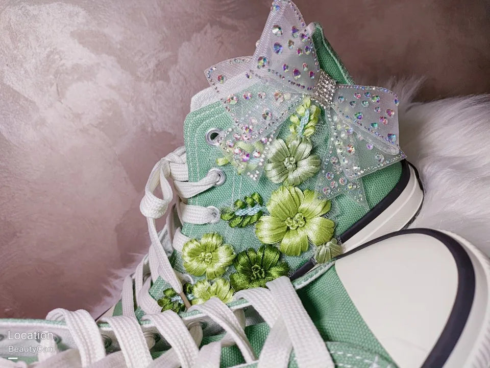 High-top Canvas Shoes for Women Green Bow Embroidery Flower Candy Color Canvas Handmade Fashion Casual Shoe Big Size 43 44