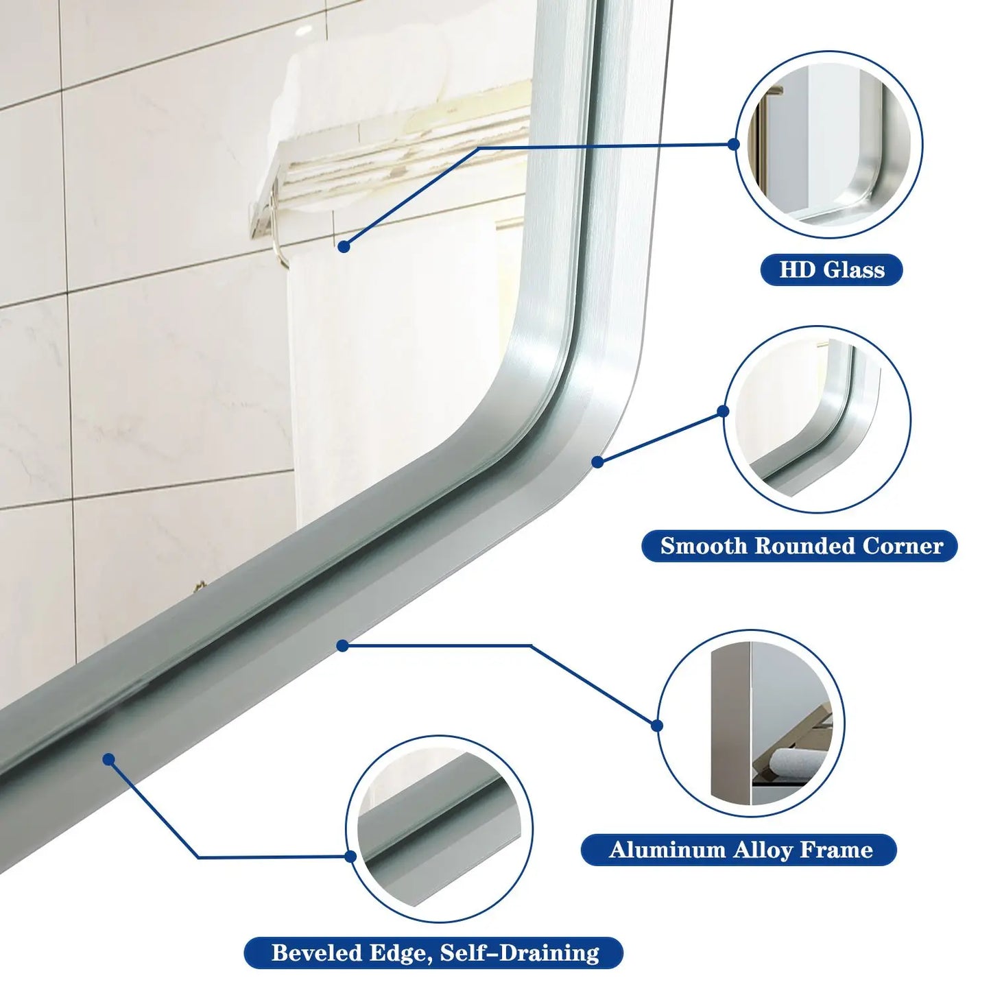 30x20inch Glossy Brushed Silver Rectangle Bathroom Mirror Wall Metal Frame Rounded Corner Deep Set Design Hangs Wall for