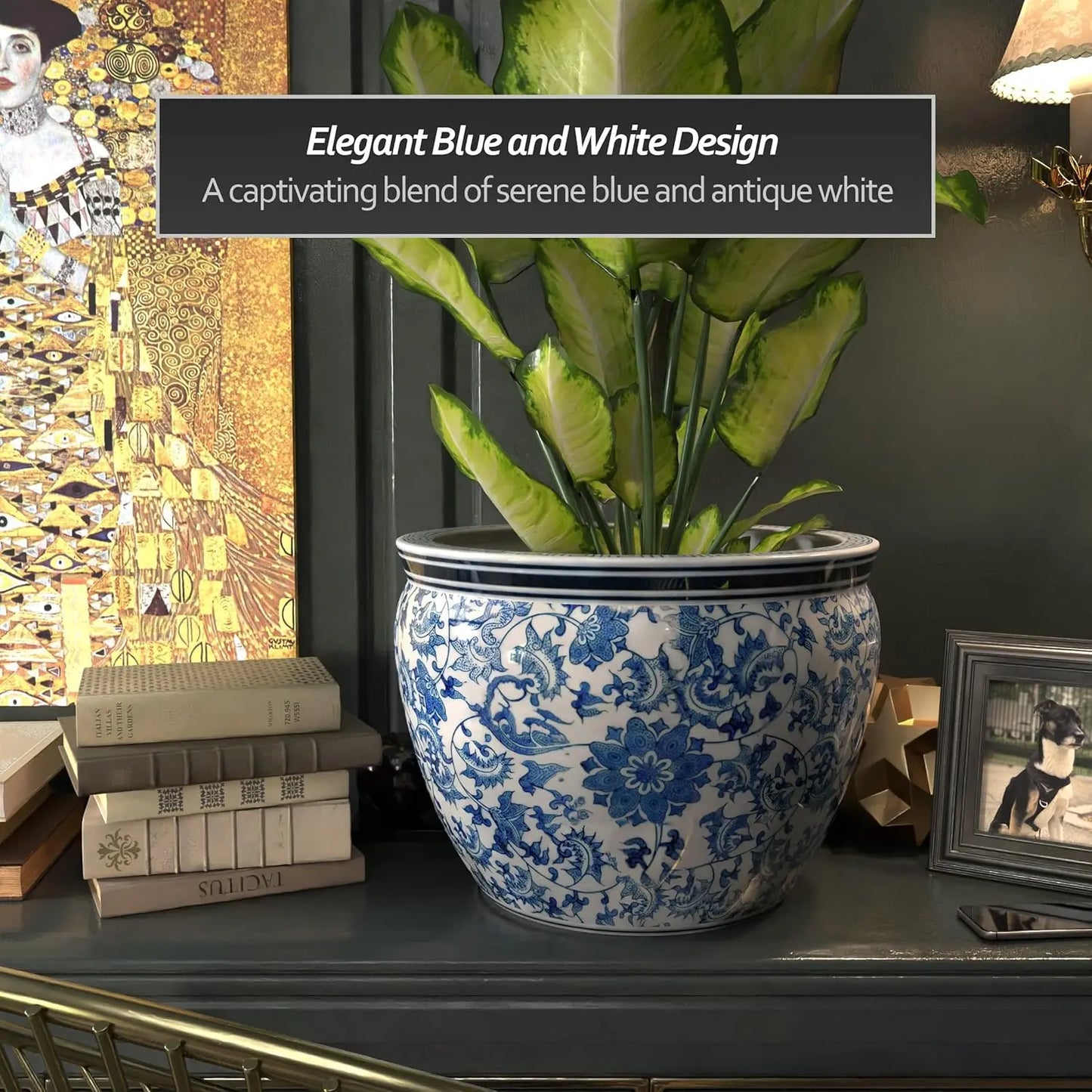 White Fishbowl-Size and Design 18" Diameter Floral Blue Classic Ming Blue and White Vine and Flower Decoration