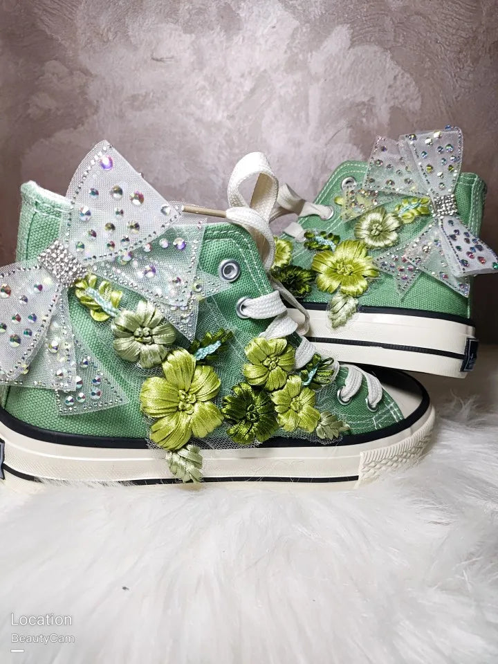 High-top Canvas Shoes for Women Green Bow Embroidery Flower Candy Color Canvas Handmade Fashion Casual Shoe Big Size 43 44