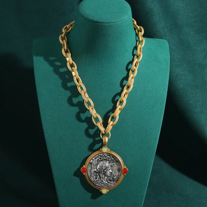 Vintage Personality Man Head Antique Coin Wide Chain Necklace for Women Aesthetic Jewellery Hip Hop Chunky Statement Chokers